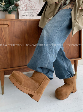 潼潼TONG大头厚底雪地靴女皮毛一体2025冬新款加绒加厚短中筒棉鞋