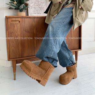 潼潼TONG大头厚底雪地靴女皮毛一体2025冬新款加绒加厚短中筒棉鞋