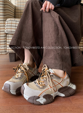 潼潼TONG配阔腿裤的厚底拼色老爹鞋女2026春季新款增高运动休闲鞋