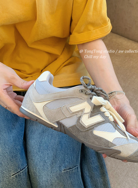 潼潼TONG复古阿甘鞋女秋季韩系N字拼色百搭透气软薄底德训运动鞋