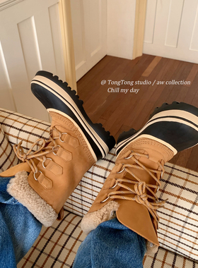 潼潼TONG厚底猎鸭靴女2025冬新款真皮保暖东北防水防滑户外雪地靴