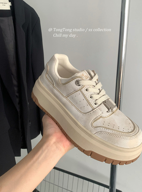 潼潼TONG厚底增高小白鞋女2025新款复古百搭小个子擦色休闲板鞋