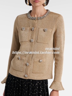 Nearnini 2026秋冬黑色金色重工钉珠水钻荷叶袖织开衫毛衣外套