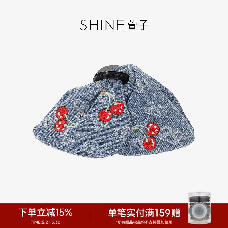 SHINE萱子饰品牛仔樱桃系列时髦印花三角抓夹女布艺发夹通勤发饰