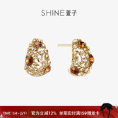 SHINE萱子饰品奢华璀璨耳环精致水钻蝴蝶耳钉女轻奢感琥珀流光风