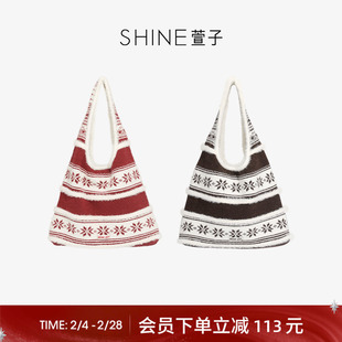 [会员立减]SHINE萱子饰品针织费尔岛系列大容量单肩包雪花托特包
