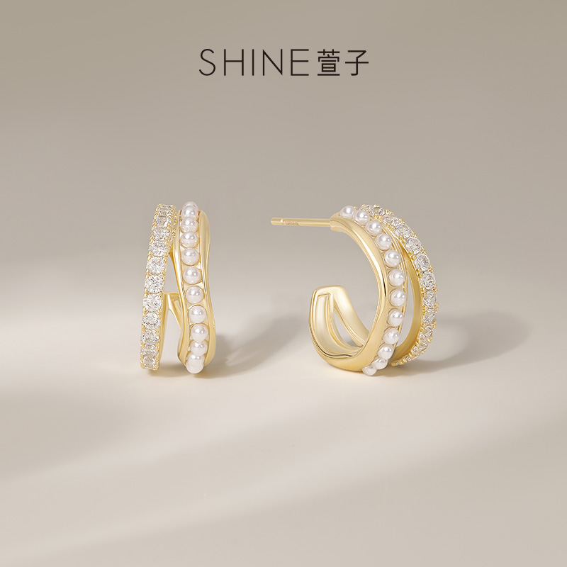 SHINE萱子饰品珍珠C圈耳环设计耳饰巴恩风耳钉生日礼物