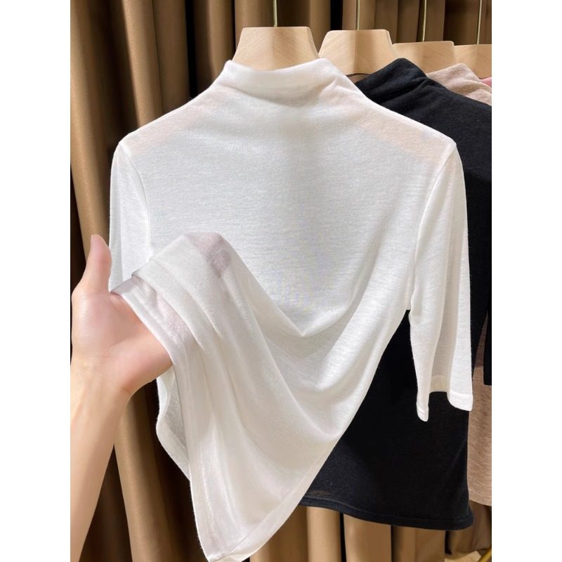 半高领微透针织短袖T恤女夏季新款洋气内搭小衫薄款面膜中袖上衣