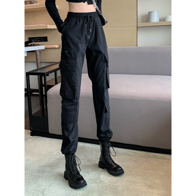 黑色加绒工装裤女2025秋冬新款高腰休闲宽松直筒阔腿裤束脚运动裤