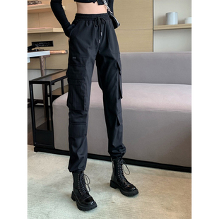 束脚运动裤 黑色加绒工装 高腰休闲宽松直筒阔腿裤 女2025秋冬新款 裤