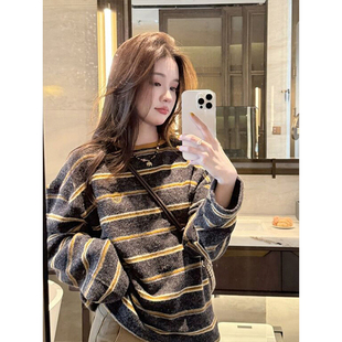 内搭打底衫 2025新款 宽松减龄上衣ins T恤女冬季 慵懒风条纹德绒长袖