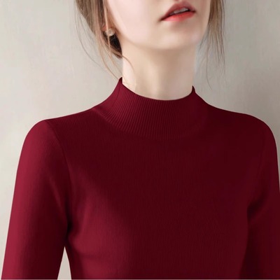 安可拉红半高领针织打底衫女春秋季内搭毛衣修身显瘦法式长袖上衣