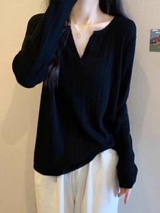 下摆衬衫 黑色针织女式 休闲V领长袖 新款 大尺寸胖毫米盖腹 2025夏季