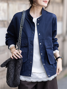 法式深蓝色工装风衣外套女初秋新款文艺覆古休闲宽松立领夹克上衣