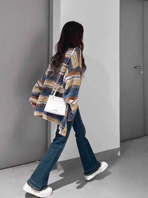 彩色条纹毛衣外套女秋季爆款设计感慵懒风中长款上衣薄款针织开衫