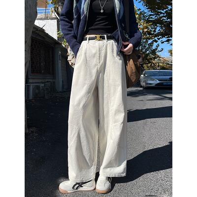 白色灯芯绒阔腿裤女秋冬季2025新款高腰垂感休闲九分直筒西装裤子