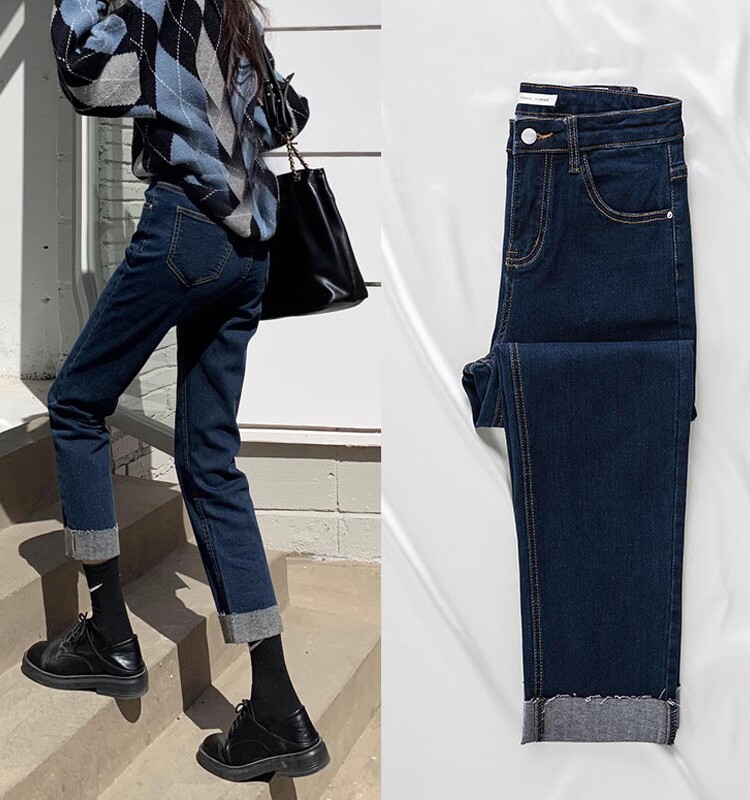 卷边九分牛仔裤女春秋2025新款覆古休闲直筒裤加绒加厚高腰烟管裤