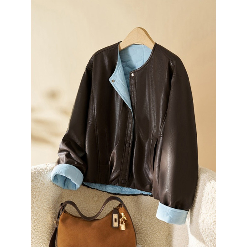 美拉德咖色夹棉皮衣外套女2025新款冬季今年流行加厚保暖夹克上衣