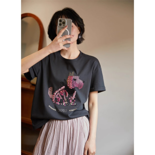 時(shí)尚 高級(jí)感重工刺繡短袖 T恤女夏季 新款 寬松顯瘦甜酷萌寵體恤上衣