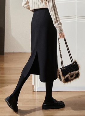 法国黑色羊毛女裙2025春秋季小香味风格高腰修身Look开衩一步臀裙