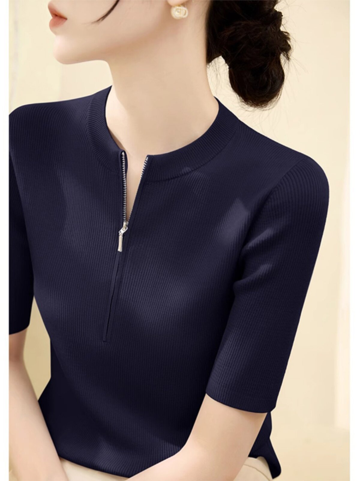 半开领中袖针织打底衫女春秋气质修身半袖正肩体恤立领五分袖上衣