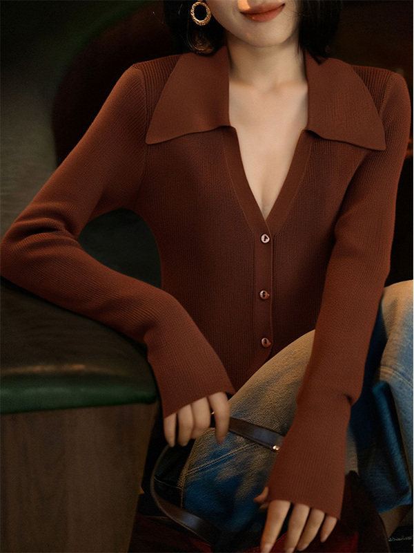 美拉德咖色V领针织开衫女秋季轻熟风气质修身显瘦长袖打底衫上衣