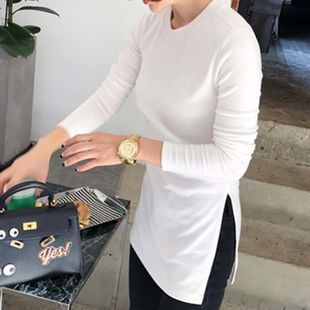 中长款开叉长袖T恤女春季白色圆领正肩遮屁股上衣修身显瘦打底衫