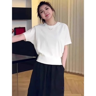 白色圆领短袖 高腰上衣 t恤女夏季 品质后背纽扣设计感洋气收腰短款