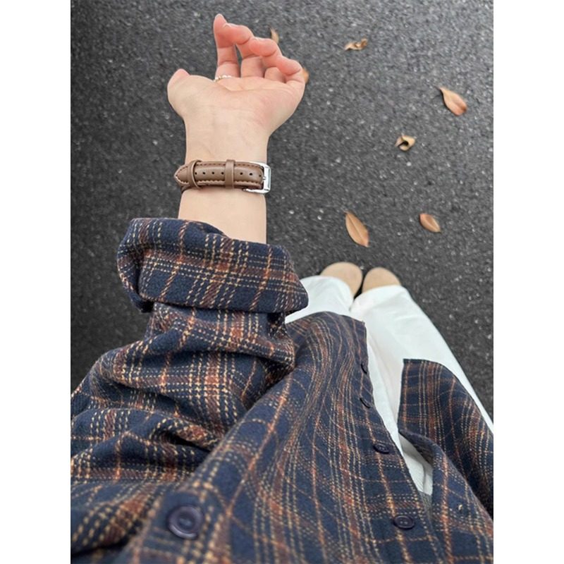 藏青色磨毛格子衬衫女士秋冬韩系慵懒风叠穿衬衣开衫宽松长袖上衣