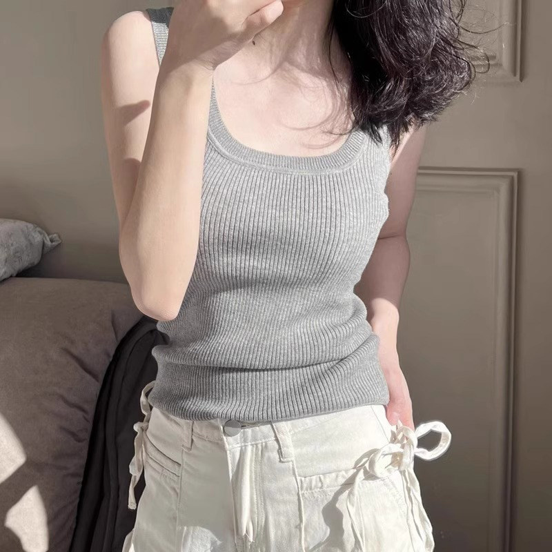 灰色u领针织吊带背心女士夏季新款西装内搭遮副乳宽肩带无袖上衣