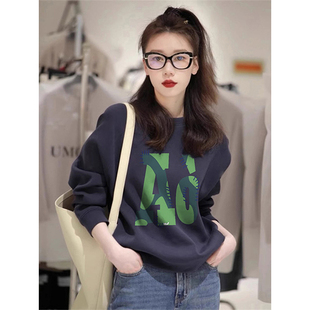 藏青色印花圆领无帽卫衣女2025秋冬新款 宽松加绒加厚打底上衣 美式