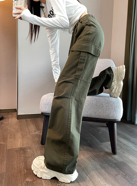 军绿色工装裤2025春秋季新款女式高腰小直筒裤休闲丝绒粗阔腿裤