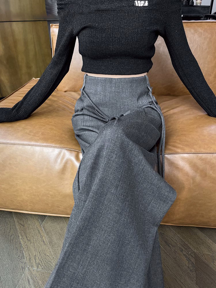 灰色西装阔腿裤女初秋新款设计感小众毛呢高腰遮胯宽松显瘦休闲裤