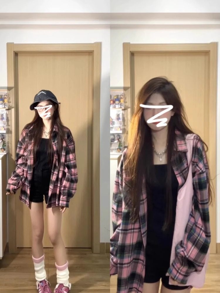 粉色格子衬衫外套女2025夏季新款美式慵懒休闲 长袖外搭中长版上,女装/女士精品,衬衫,淘宝优惠券,粉丝福利购,淘宝优惠卷