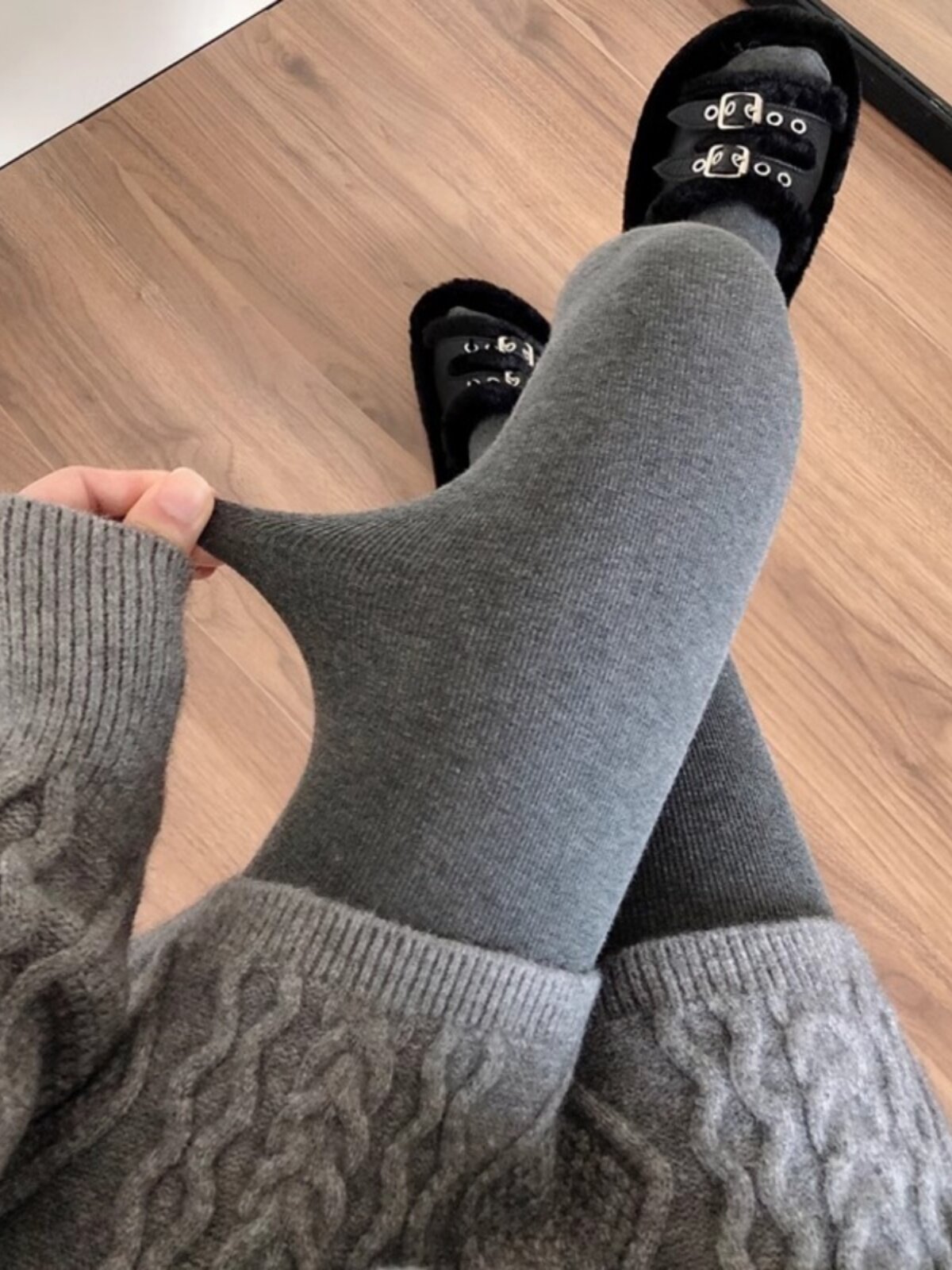 日系烟灰色连裤袜女春秋安可雷穿搭加绒加厚保暖裤打底裤袜踩脚袜