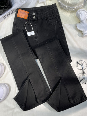 黑色开叉微喇牛仔裤女秋冬新款高腰显瘦修身马蹄裤弹力九分喇叭裤