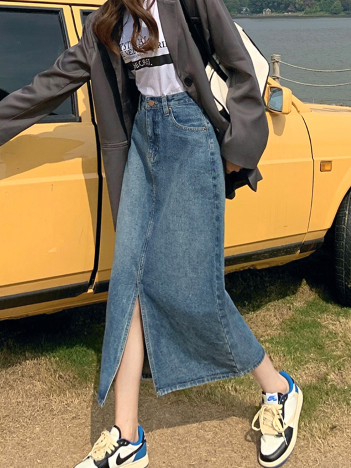 开叉牛仔半身裙女2024春秋新款小个子包臀裙高腰显瘦中长款A字裙