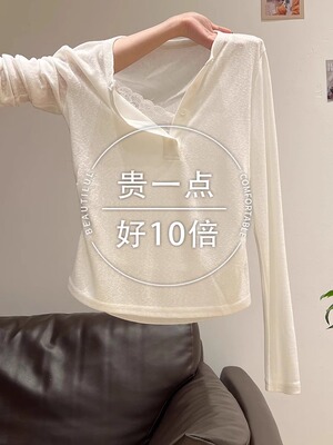 白色纯欲望拼接蕾丝微微透视女衬衫2025半开领露出锁骨修身长袖t