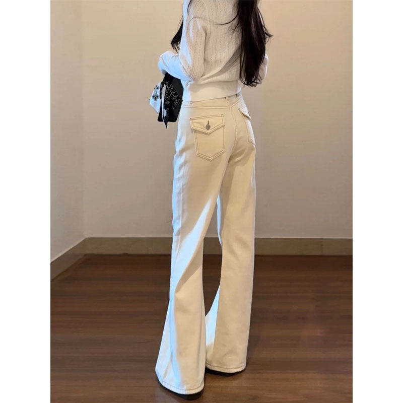 米白色微喇牛仔裤女2026春季新款爆款显瘦垂感不贴腿直筒喇叭裤子
