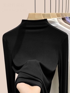 百搭德绒打底衫 半高领螺纹长袖 黑色修身 新款 上衣 T恤女士2025秋季