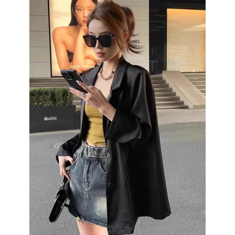 黑色防晒西装外套女士2025夏季新款穿搭高级感薄款垂感缎面小西服