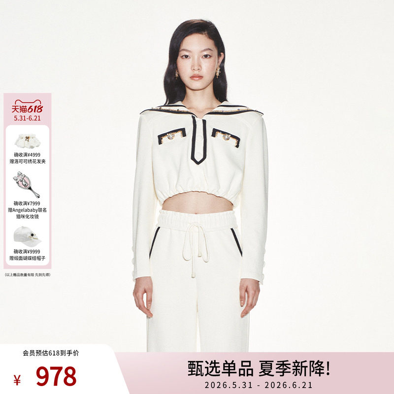 lefame拉飞姆休闲学院领短款珍珠扣彩钻金链卫衣