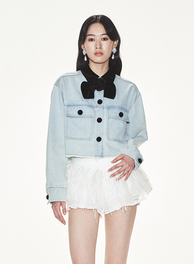 lefame拉飞姆玫瑰花蝴蝶结撞色领牛仔外套短上衣女