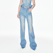 明星同款 裤 lefame拉飞姆华丽烫片牛仔喇叭裤 女款 子 微喇裤