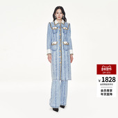 明星同款 LEFAME拉飞姆珍珠船锚单排扣菱格牛仔超长外套气质女