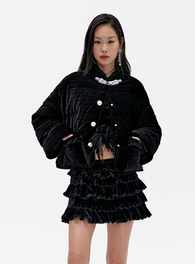 lefame拉飞姆冬季新中式黑色立领绣花丝绒羽绒服温暖外套女高级感