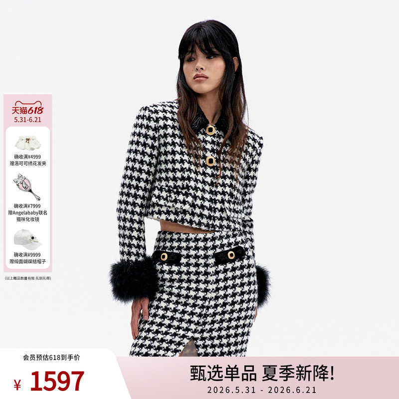 lefame拉飞姆千鸟格短外套中式呢料羊毛大衣女