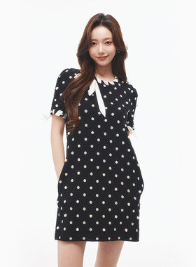 lefame拉飞姆时尚高级感修身黑色连衣裙复古波点印花裙