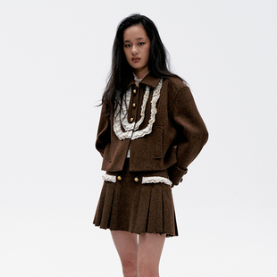 lefame拉飞姆冬季 感外套 咖色拼接荷叶边薄挺箱形衬衫