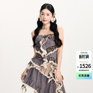 复古格纹碎花拼接田园风吊带上衣 时尚 lefame拉飞姆2026春季 新款